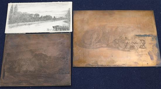 Three copper etching plates by TW Robinson and an etching of Lewes 1878 Largest 6.5 x 4.75in. unframed.